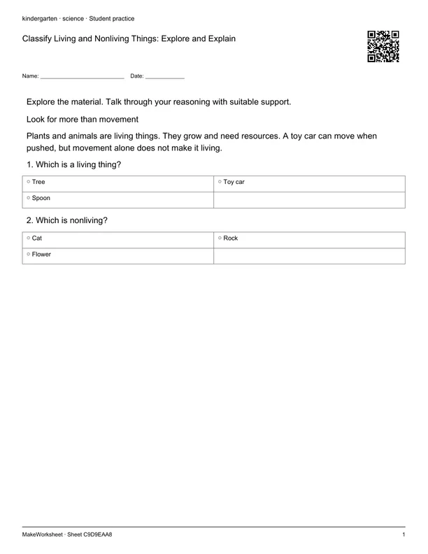 Classify Living and Nonliving Things: Explore and Explain: first student practice page
