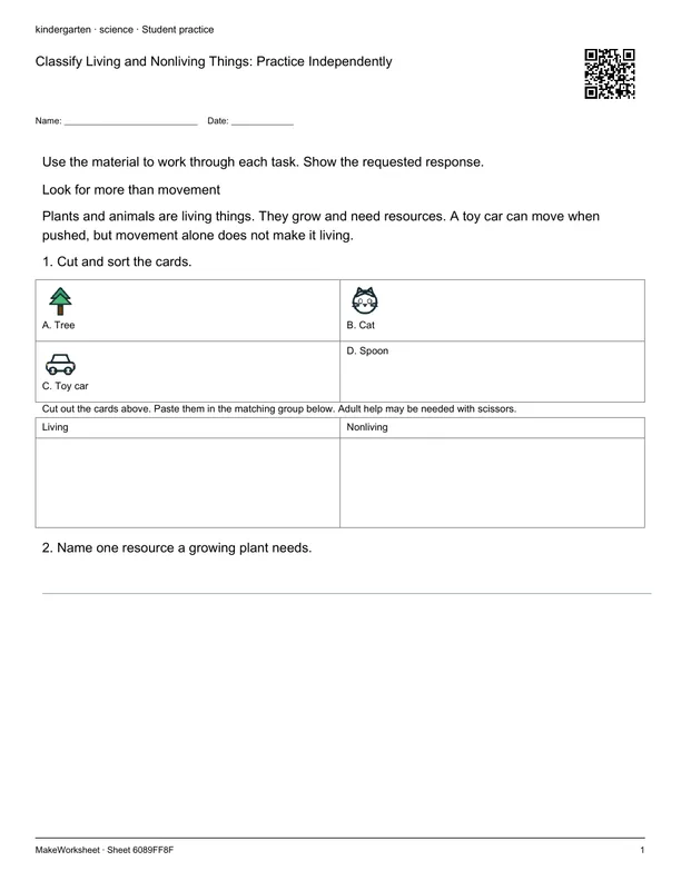 Classify Living and Nonliving Things: Practice Independently: first student practice page