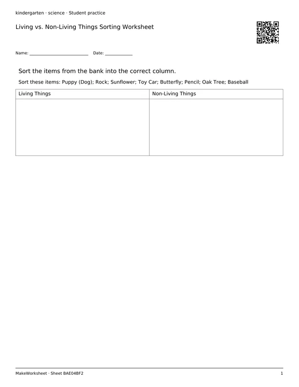 Living vs. Non-Living Things Sorting Worksheet: first student practice page