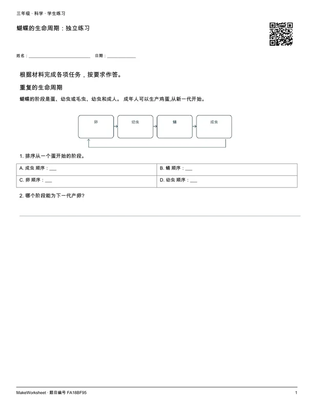 蝴蝶的生命周期:独立练习: first student practice page