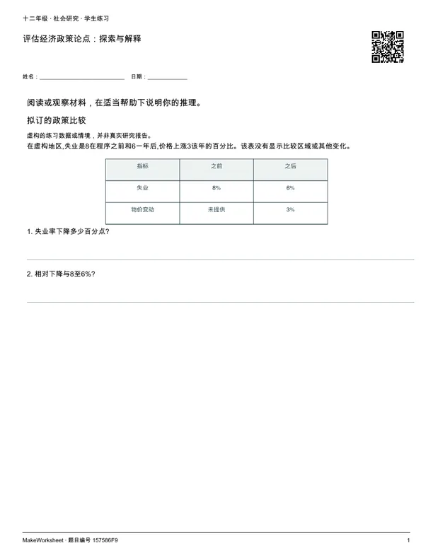 评估经济政策论点:探索与解释: first student practice page