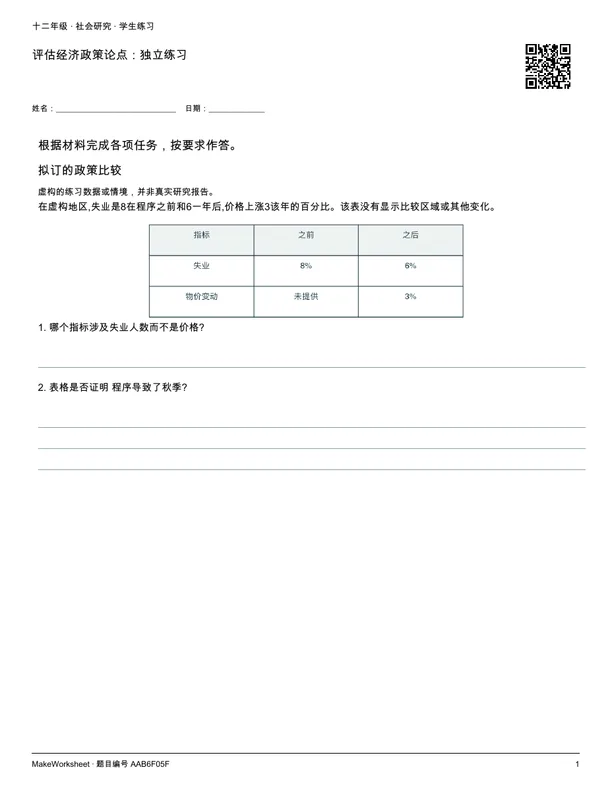 评估经济政策论点:独立练习: first student practice page