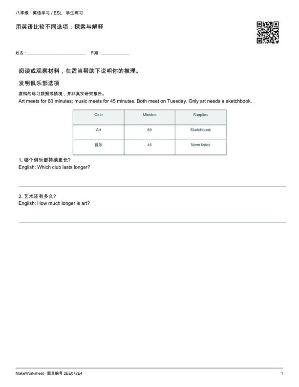 用英语比较不同选项:探索与解释: first student practice page