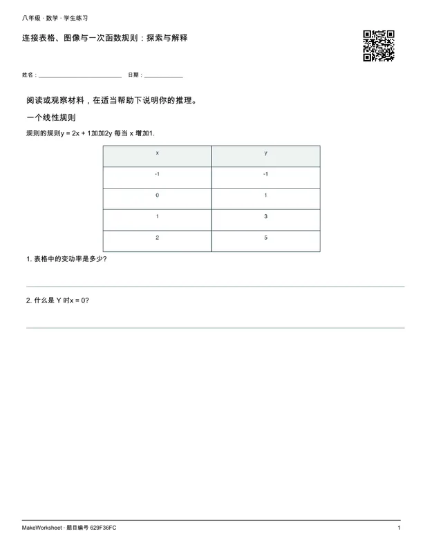 连接表格、图像与一次函数规则:探索与解释: first student practice page