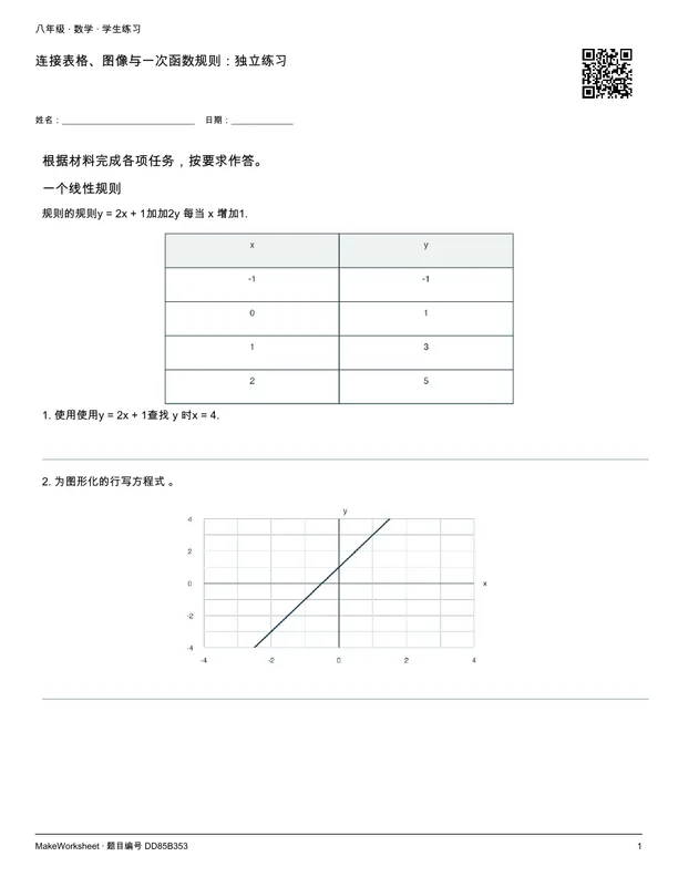连接表格、图像与一次函数规则:独立练习: first student practice page