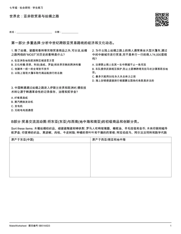 世界史:亚非欧贸易与丝绸之路: first student practice page