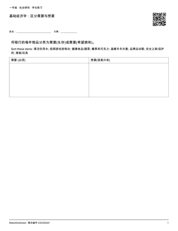基础经济学：区分需要与想要: first student practice page