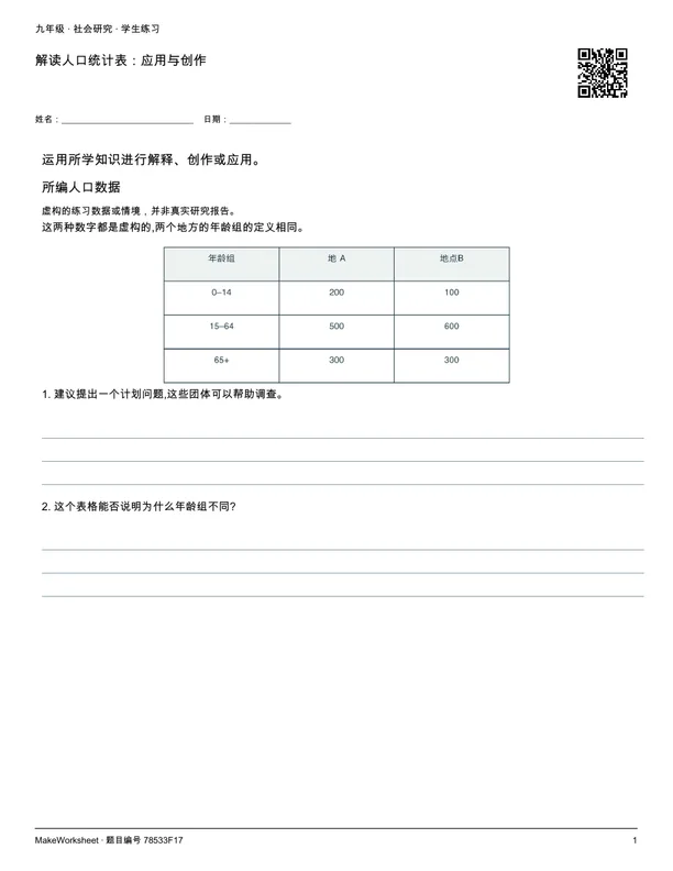解读人口统计表:应用与创作: first student practice page