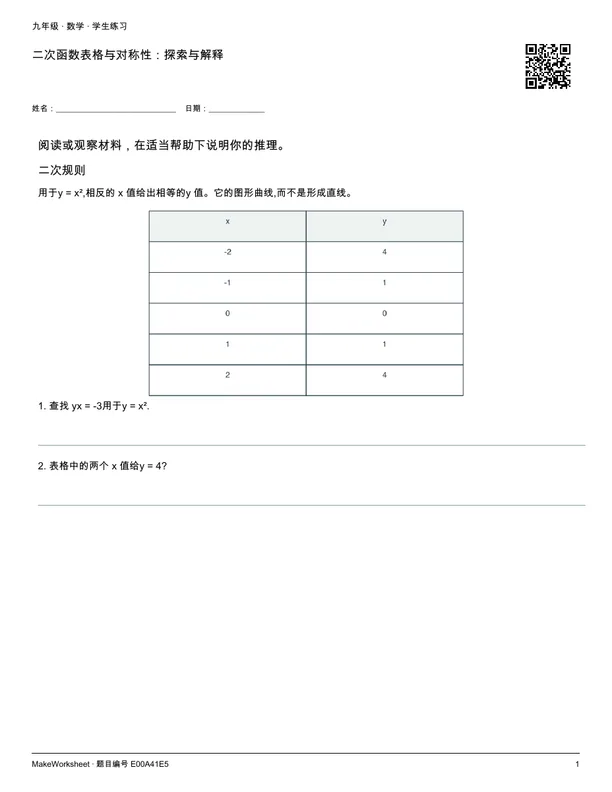 二次函数表格与对称性:探索与解释: first student practice page