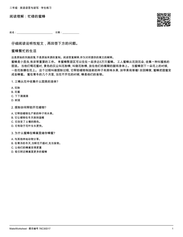 阅读理解:忙碌的蜜蜂: first student practice page