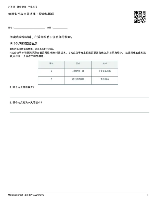 地理条件与定居选择:探索与解释: first student practice page