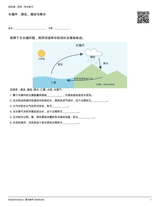 水循环:蒸发、凝结与降水: first student practice page