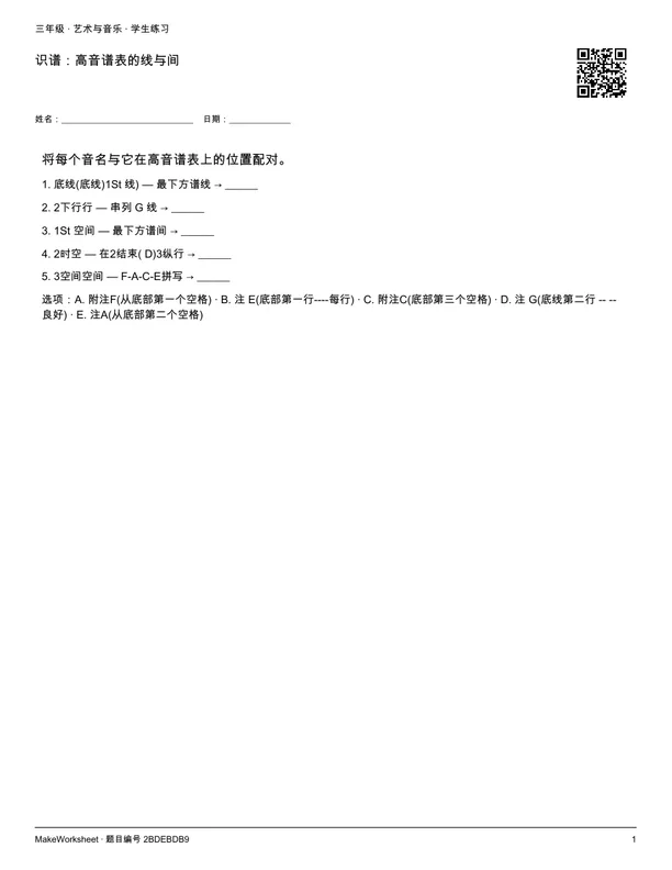 识谱：高音谱表的线与间: first student practice page
