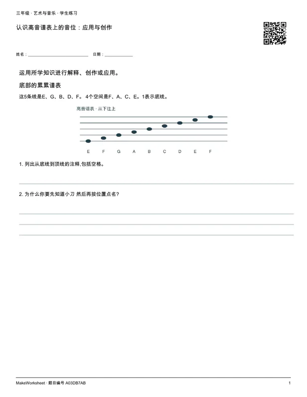 认识高音谱表上的音位:应用与创作: first student practice page