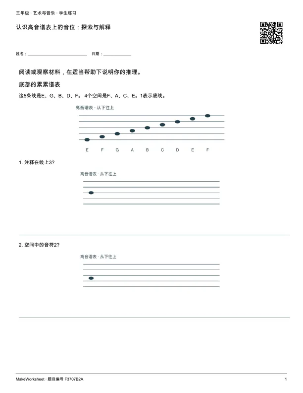认识高音谱表上的音位:探索与解释: first student practice page