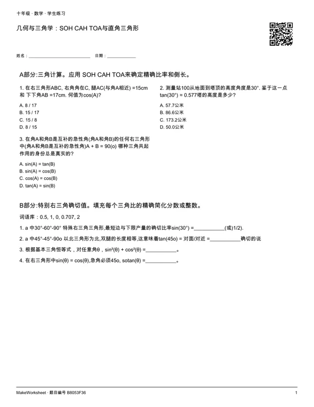 几何与三角学:SOH CAH TOA与直角三角形: first student practice page
