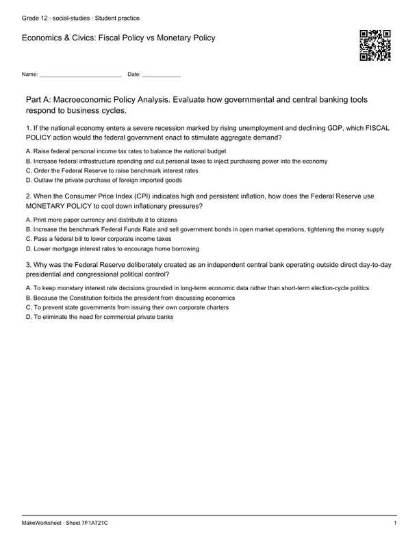 Economics & Civics: Fiscal Policy vs Monetary Policy: first student practice page