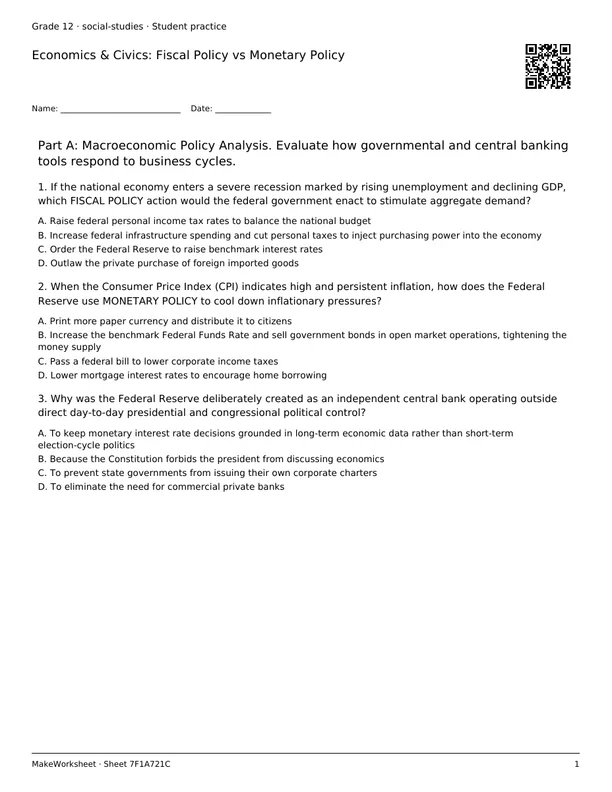Economics & Civics: Fiscal Policy vs Monetary Policy: first student practice page