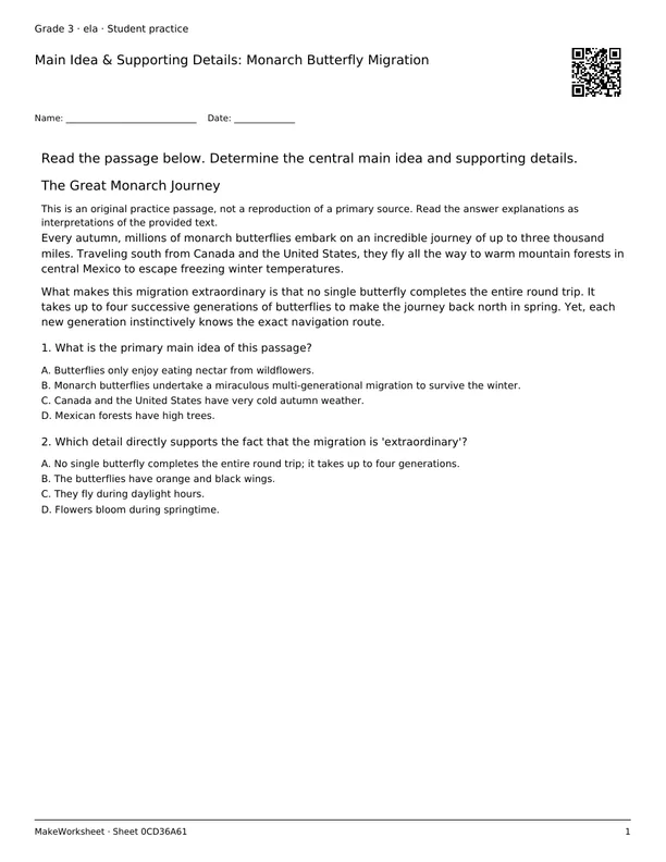Main Idea & Supporting Details: Monarch Butterfly Migration: first student practice page