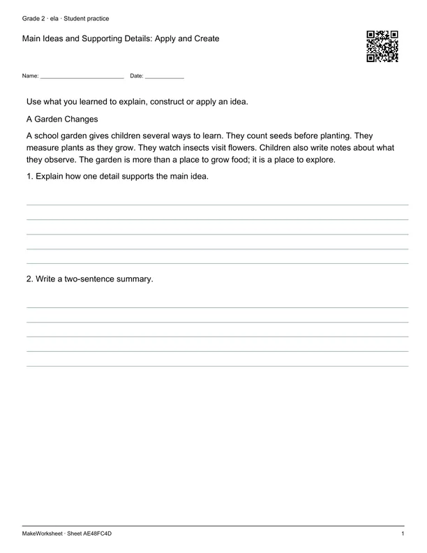 Main Ideas and Supporting Details: Apply and Create: first student practice page