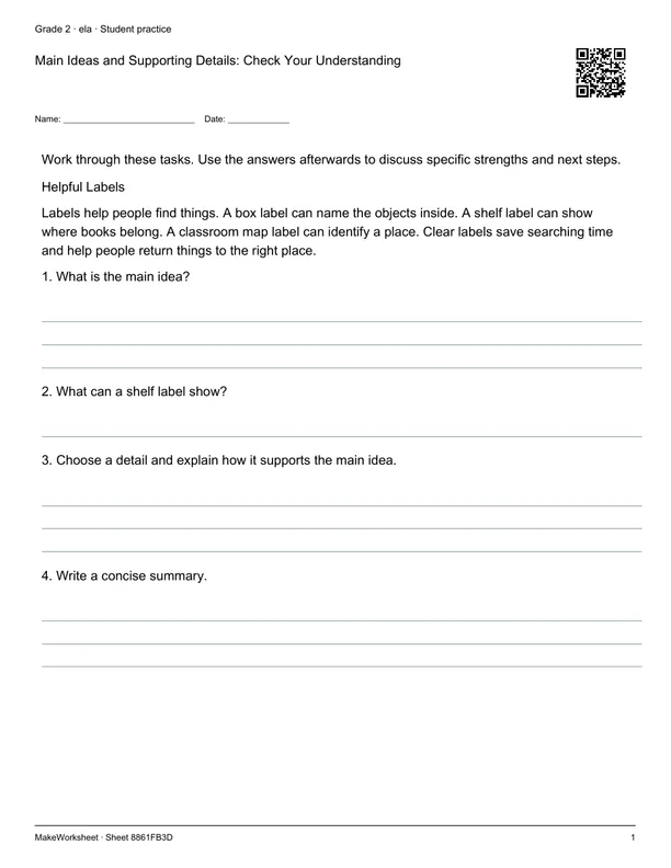 Main Ideas and Supporting Details: Check Your Understanding: first student practice page