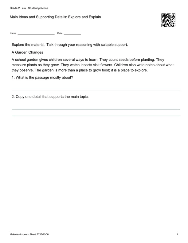 Main Ideas and Supporting Details: Explore and Explain: first student practice page