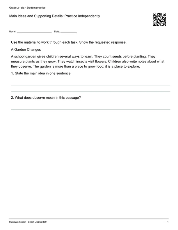 Main Ideas and Supporting Details: Practice Independently: first student practice page