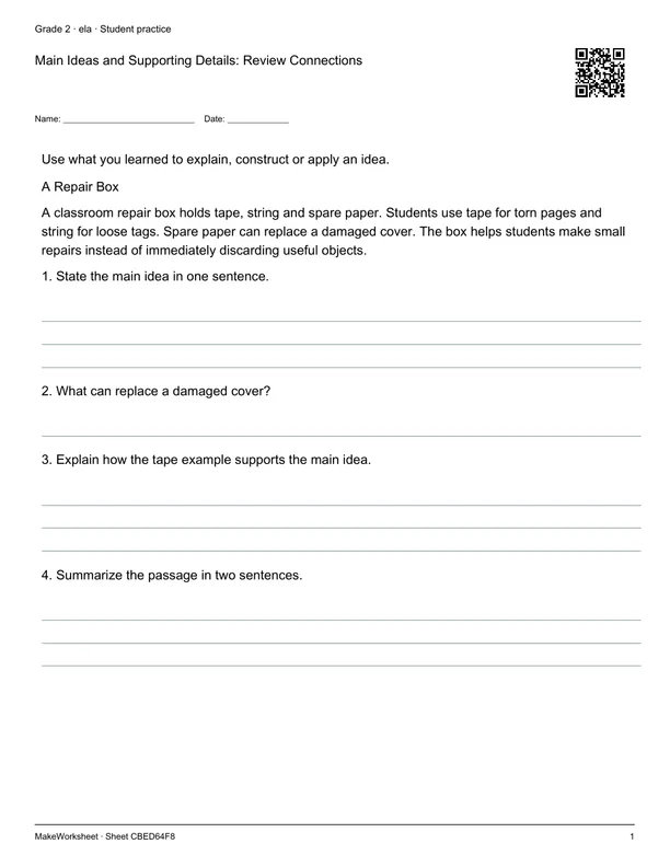 Main Ideas and Supporting Details: Review Connections: first student practice page