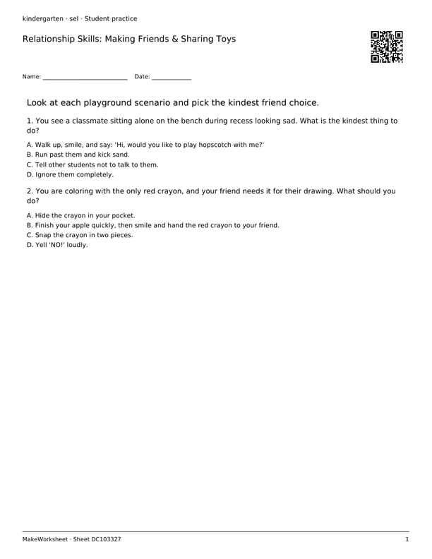 Relationship Skills: Making Friends & Sharing Toys: first student practice page