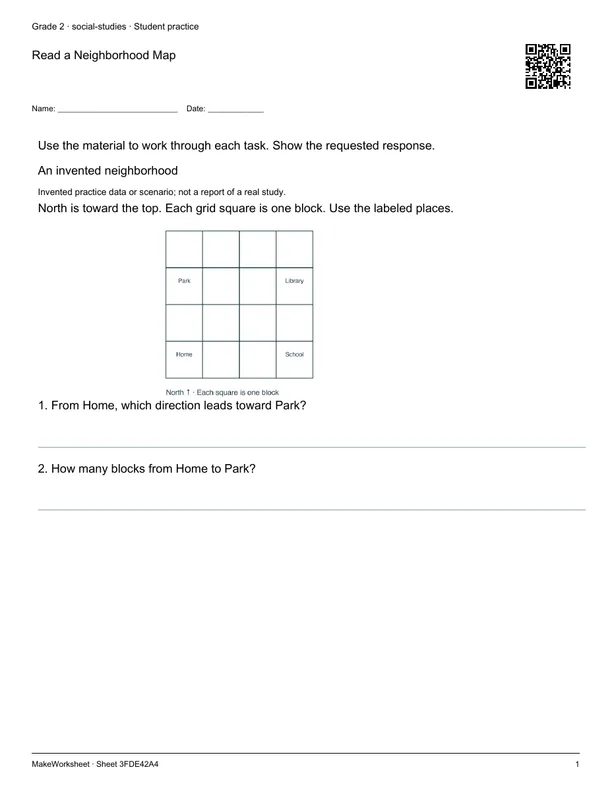 Read a Neighborhood Map: first student practice page