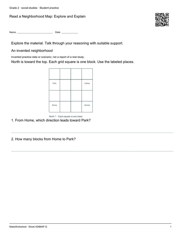 Read a Neighborhood Map: Explore and Explain: first student practice page