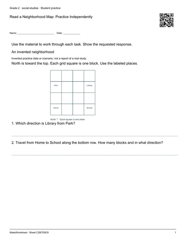 Read a Neighborhood Map: Practice Independently: first student practice page