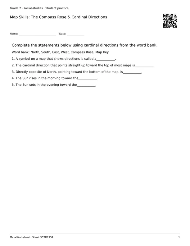 Map Skills: The Compass Rose & Cardinal Directions: first student practice page