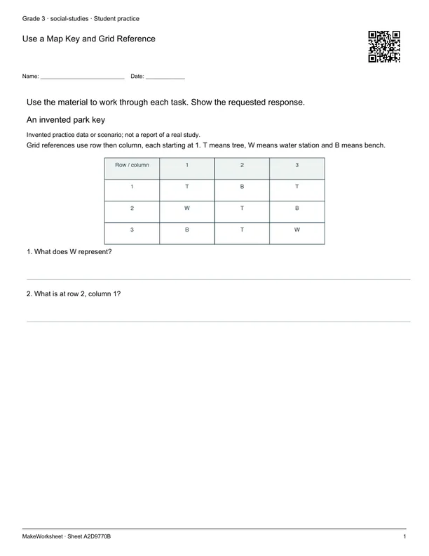 Use a Map Key and Grid Reference: first student practice page