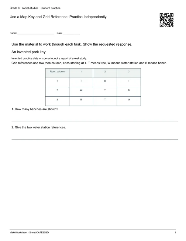 Use a Map Key and Grid Reference: Practice Independently: first student practice page