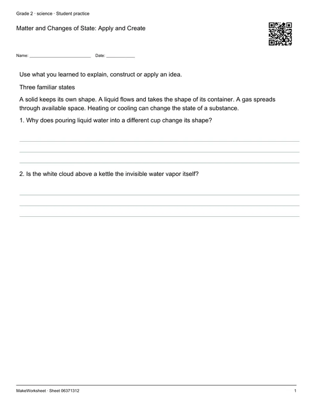 Matter and Changes of State: Apply and Create: first student practice page