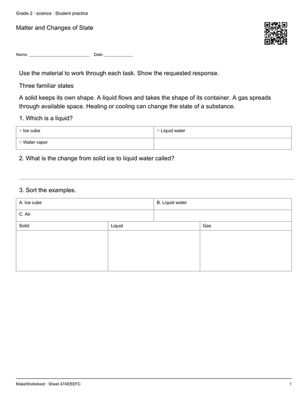 Matter and Changes of State: first student practice page