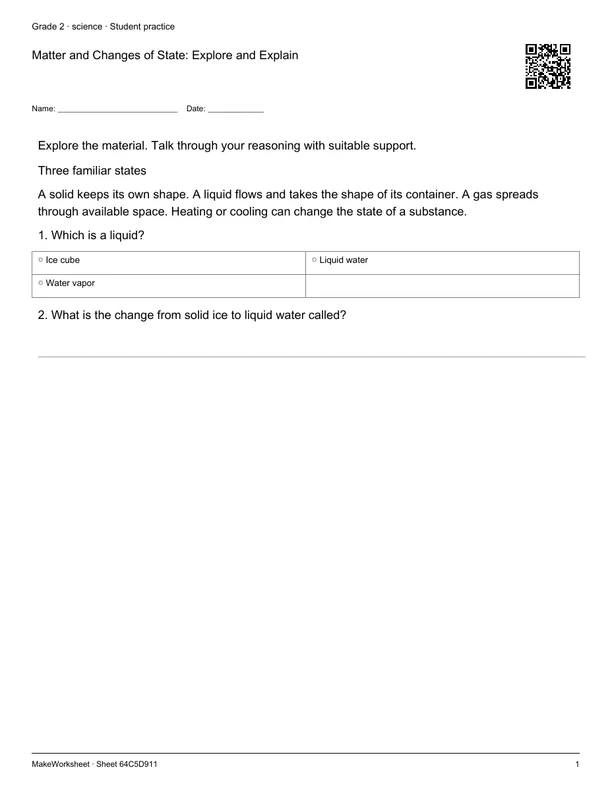 Matter and Changes of State: Explore and Explain: first student practice page