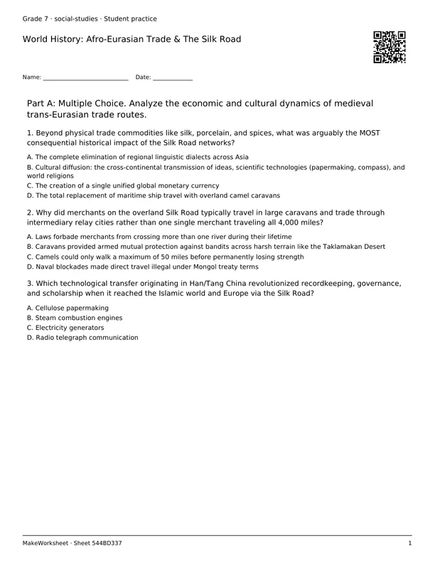 World History: Afro-Eurasian Trade & The Silk Road: first student practice page