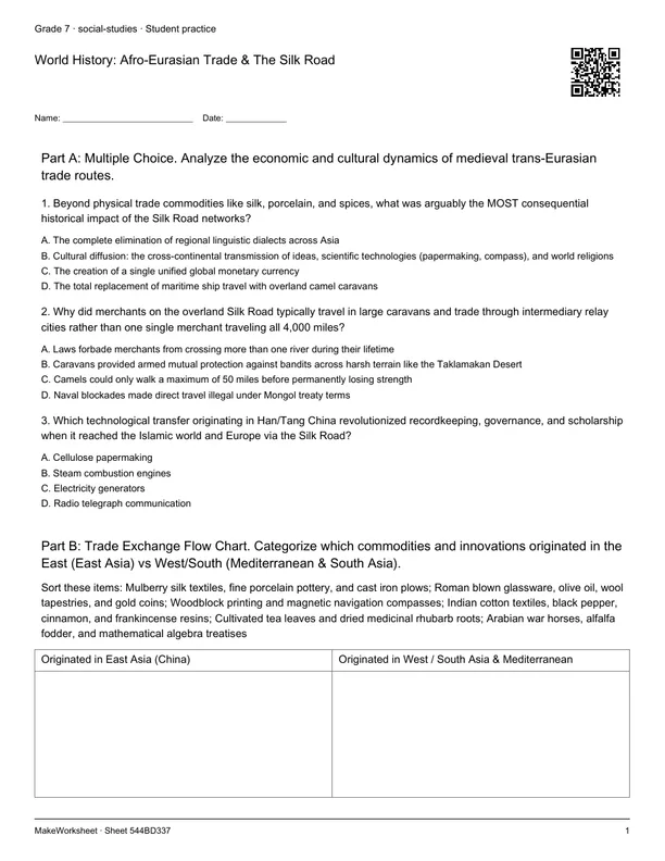 World History: Afro-Eurasian Trade & The Silk Road: first student practice page