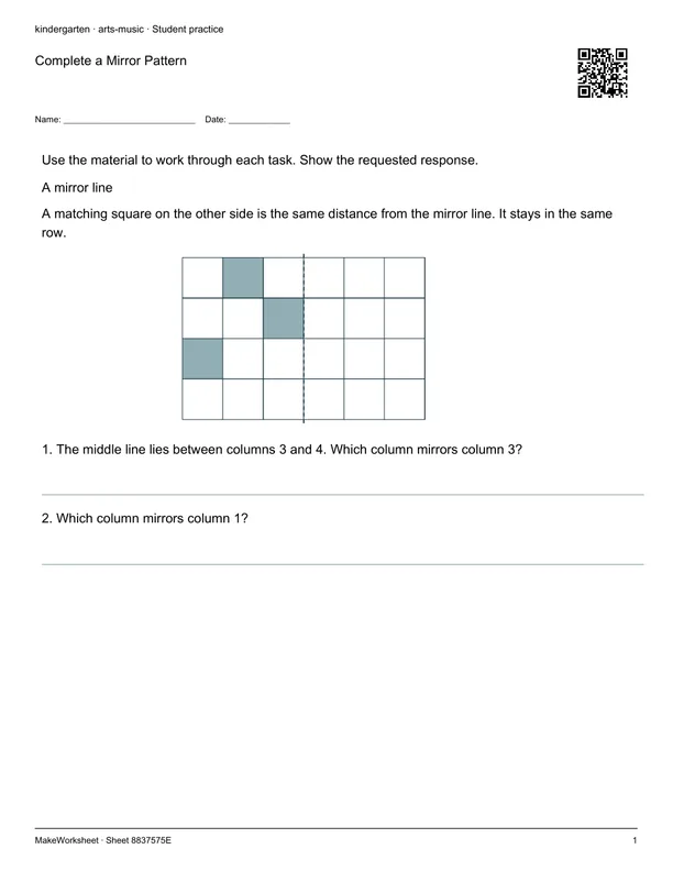 Complete a Mirror Pattern: first student practice page