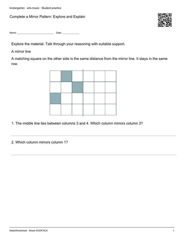 Complete a Mirror Pattern: Explore and Explain: first student practice page