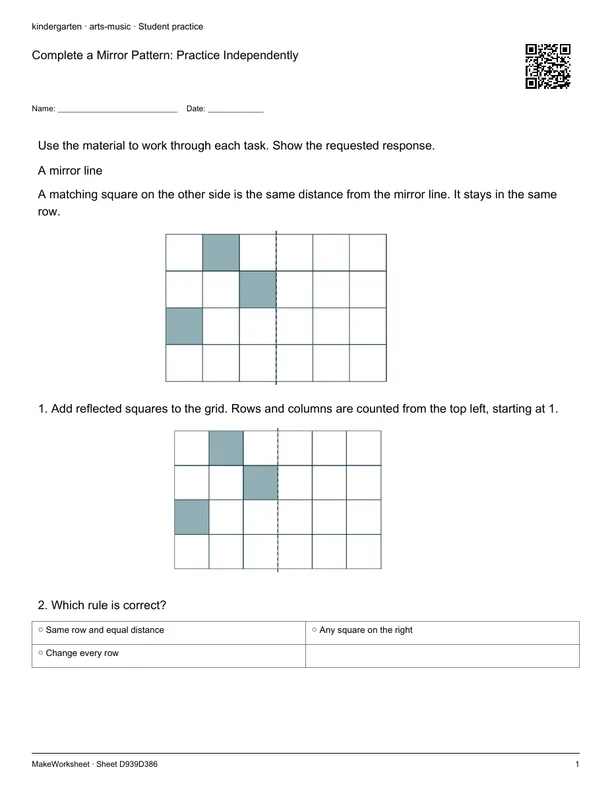 Complete a Mirror Pattern: Practice Independently: first student practice page