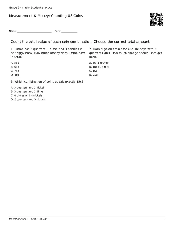 Measurement & Money: Counting US Coins: first student practice page
