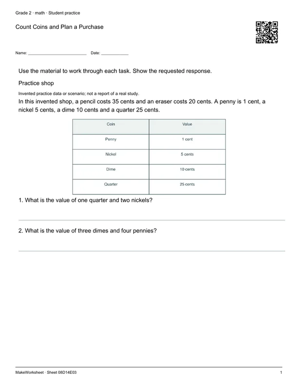 Count Coins and Plan a Purchase: first student practice page