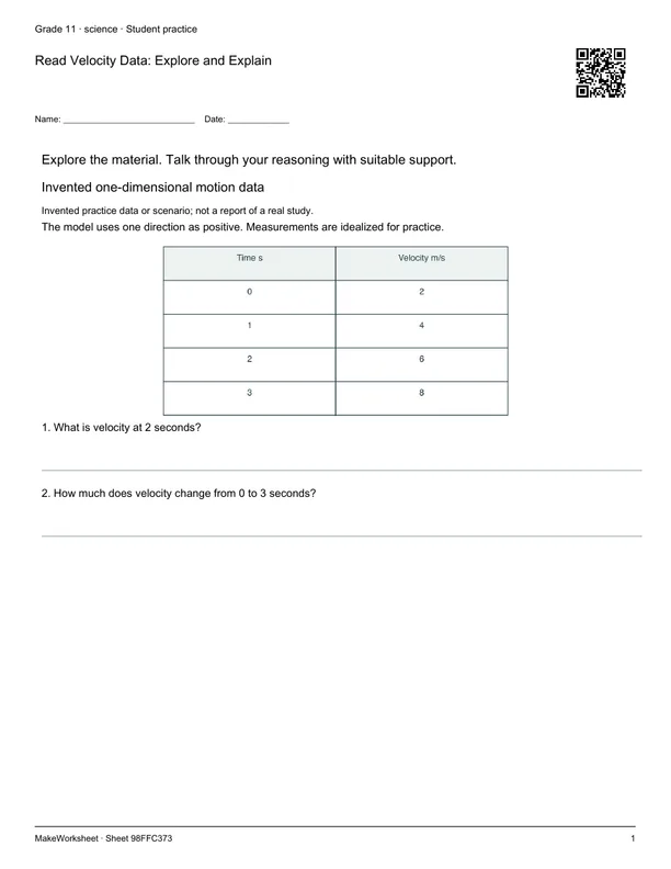 Read Velocity Data: Explore and Explain: first student practice page