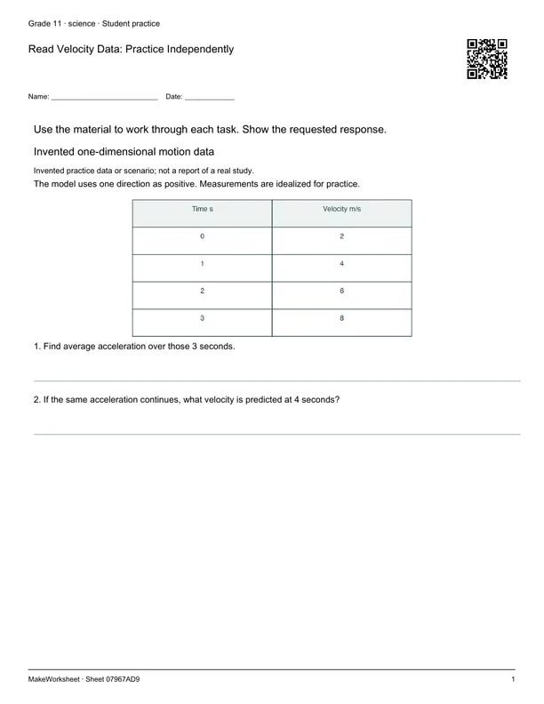Read Velocity Data: Practice Independently: first student practice page