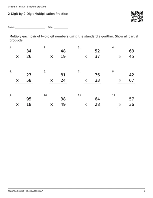 2-Digit by 2-Digit Multiplication Practice: first student practice page