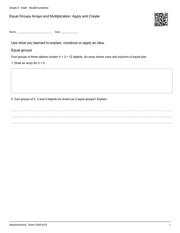 Equal Groups Arrays and Multiplication: Apply and Create: first student practice page