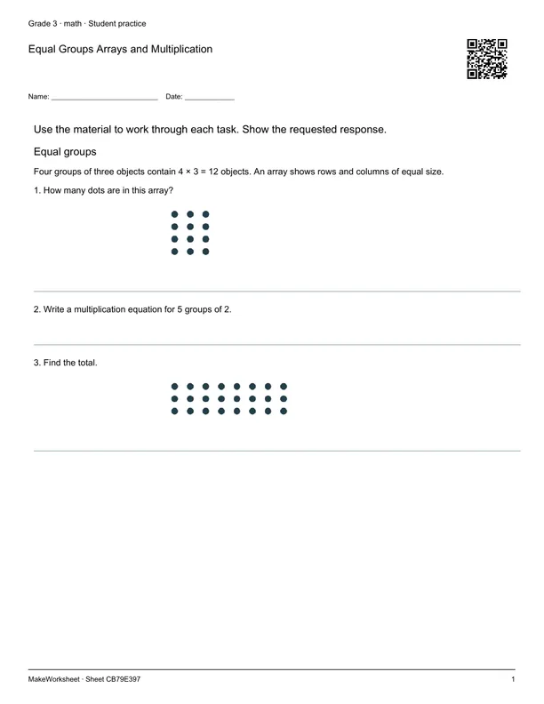 Equal Groups Arrays and Multiplication: first student practice page
